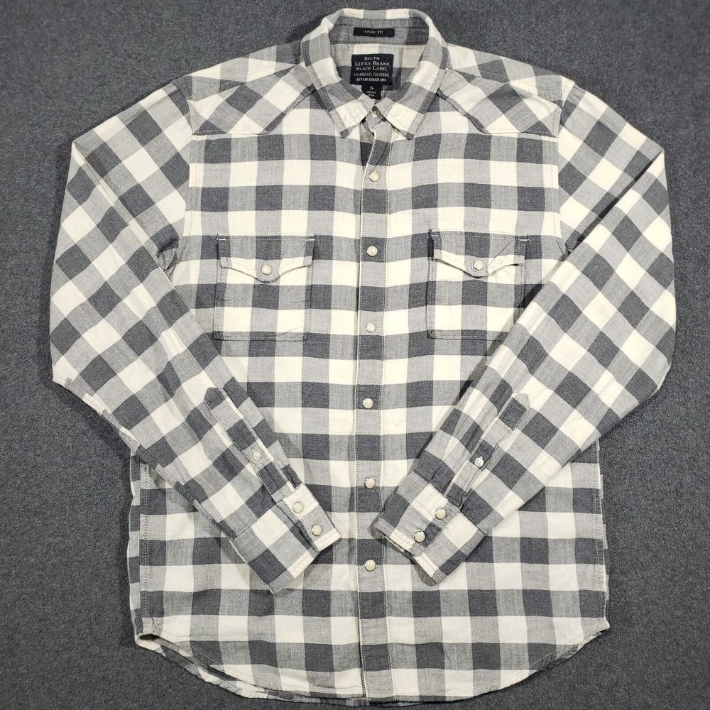 Lucky Brand Pearl Snap Shirt Mens Small Gray Plaid Western Twill Long Sleeve - Picture 2 of 8